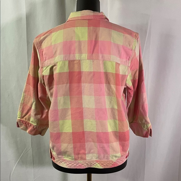 Christopher & Banks Pink Plaid Lightweight Cropped Button Front Cotton Shacket - Picture 3 of 16